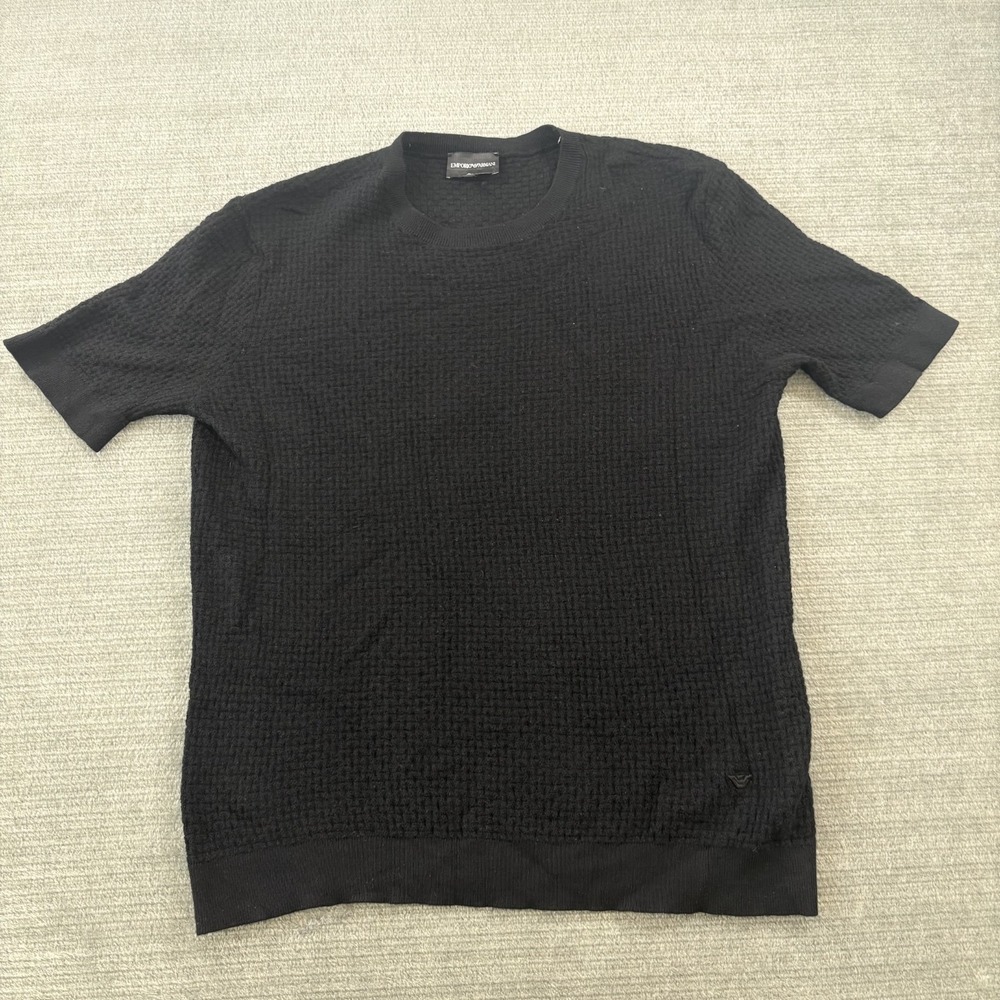 Emporio Armani Waffle Knit Wool Sweater Mens XL Black Short Sleeve Slim Fit